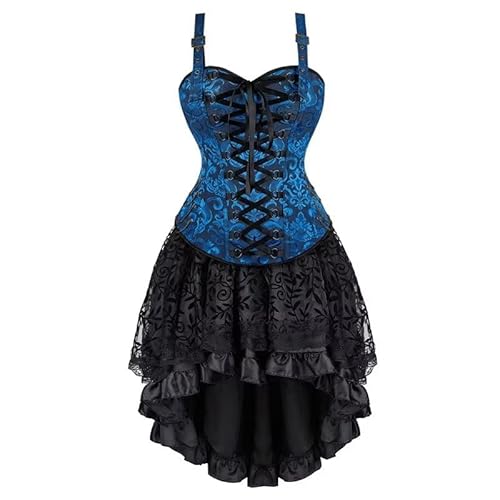 Josamogre Korsett Kleid Damen Rock Set Steampunk Corsage mit Strapsen Spitze Corset Dress Bustier Korsettkleid Kostüm Piraten Halloween Blau 2XL von Josamogre