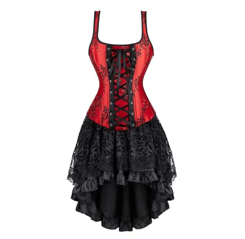 Josamogre Korsett Kleid Damen Straps Corsagen Corsagenkleid Reißverschluss Sexy Dornenrost Blumen Spitze Vintage Mittelalter Rot 2XL von Josamogre