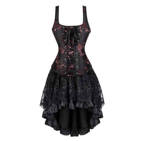 Josamogre Korsett Kleid Damen Straps Corsagen Corsagenkleid Reißverschluss Sexy Dornenrost Blumen Spitze Vintage Mittelalter Schwarz 4XL von Josamogre