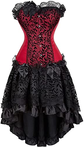 Korsett Kleid Korsage Damen Corset Dress Korsettkleid Rock Spitzen Gothic Retro Rot Schwarz 5XL von Josamogre