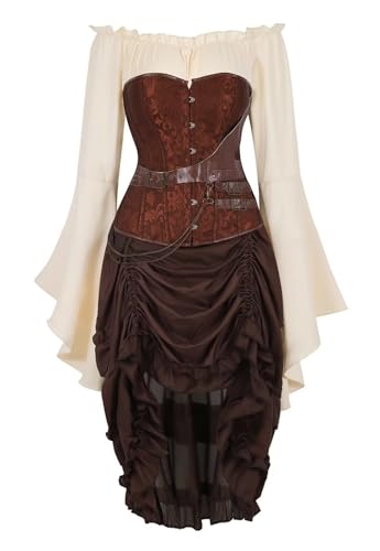 Josamogre Korsett Kleid Retro 3 Set Steampunk Korsagenkleid Piraten Vollbrust Corsagen Corset Dress Gothic Damen Kostüm Halloween Braun 2XL von Josamogre