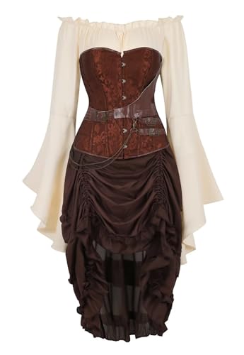 Josamogre Korsett Kleid Retro 3 Set Steampunk Korsagenkleid Piraten Vollbrust Corsagen Corset Dress Gothic Damen Kostüm Halloween Braun M von Josamogre