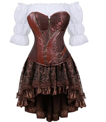 Josamogre Korsett Kleid Retro 3 Set Steampunk Piratenkleid Vollbrust Corsagen Corset Dress Gothic Damen Kostüm Burlesque Halloween Braun 6XL von Josamogre