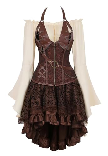 Korsett Kleid Rock 3 Set Steampunk Piraten Corsage Corset Bustier Damen Korsagenkleid Neckholder Gothic n Halloween Kostüm Braun S von Josamogre