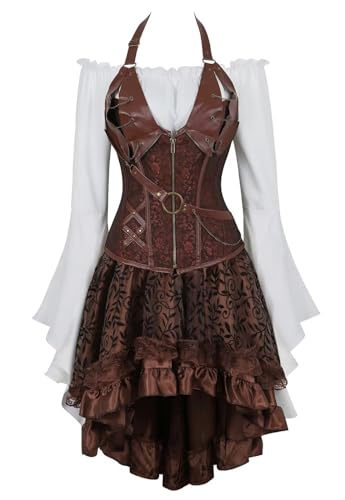 Korsett Kleid Rock 3 Set Steampunk Piraten Corsage Corset Dress Bustier Damen CorsagenkleidNeckholder Gothic n Halloween Kostüm Braun 6XL von Josamogre