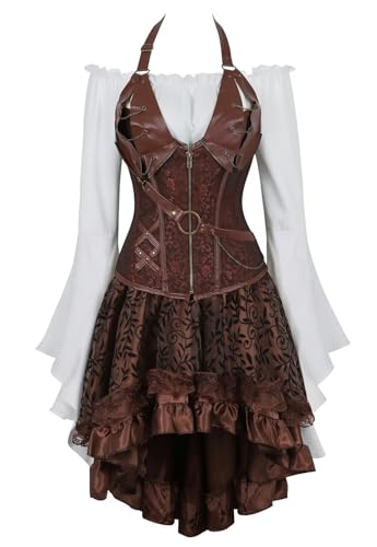 Josamogre Korsett Kleid Rock 3 Set Steampunk Piraten Corsage Corset Dress Bustier Damen CorsagenkleidNeckholder Gothic n Halloween Kostüm Braun L von Josamogre