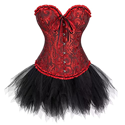 Josamogre Korsett Kleid Rock Corset Dress Damen Corsage Spitze Lace Kostüm Mit Korsettkleid Vintage Sexy Halloween Schwarz Rot S von Josamogre