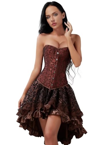 Josamogre Korsett Kleid Rock Set Damen Kostüm Piraten Corsage Corset Dress Bustier Korsage Corsagenkleid Halloween Piratenenkleid Braun M von Josamogre