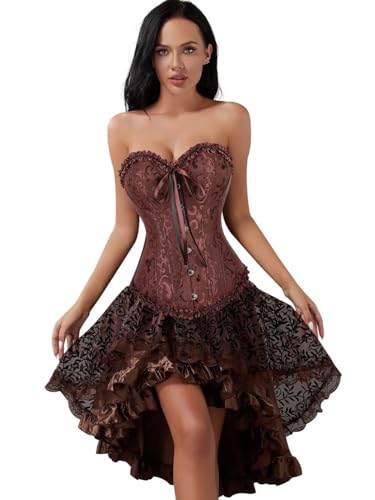 Josamogre Korsett Kleid Rock Set Damen Kostüm Piraten Corsage Corset Dress Bustier Korsage Corsagenkleid Halloween Piratenenkleid Braun S von Josamogre