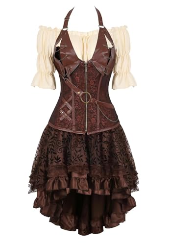 Korsett Kleid Rock Set Steampunk Piraten Corsage Corset Bustier Damen Korsagenkleid Gothic n Halloween Kostüm Braun L von Josamogre