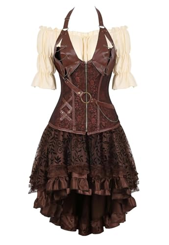 Josamogre Korsett Kleid Rock Set Steampunk Piraten Corsage Corset Bustier Damen Korsagenkleid Gothic n Halloween Kostüm Braun M von Josamogre