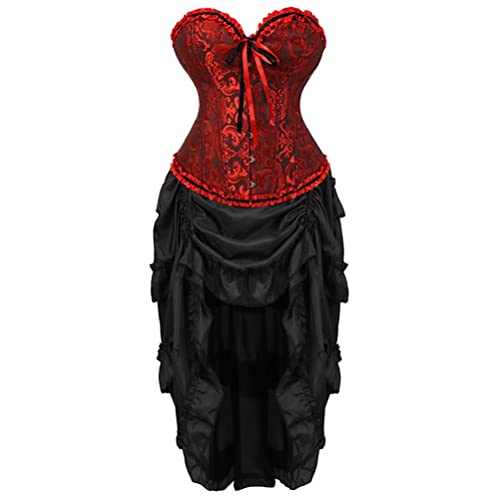 Josamogre Korsett Kleid Rock Top Set Damen Corsage Corset Dress Spitze Ärmel Korsagenkleid Vintage Sexy Halloween Schwarz Rot L von Josamogre