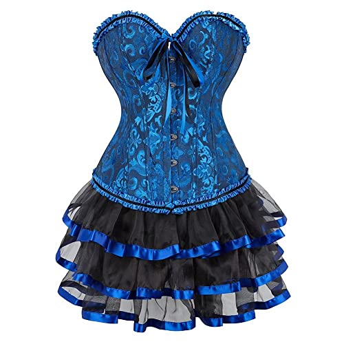 Korsett Kleider Corset Dress Vollbrust Corsage Rock Set große größe Viktorianisch Günstige Halloween Blau 6XL von Josamogre
