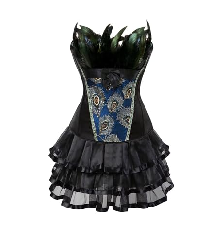 Josamogre Korsett Kleider Damen Corset Dress Corsage Vollbrust Korsage Korsagenkleid Rock Pfau Feder Bustier Sexy Gothic Burlesque Halloween Schwarz 5XL von Josamogre