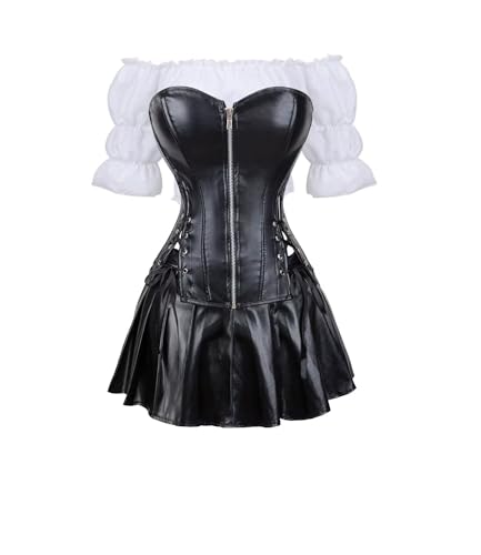 Josamogre Korsett Kunstleder Corsage Kleid Rock Hemd SetLeder Reißverschluss Damen Burlesque Steampunk Schwarz XL von Josamogre