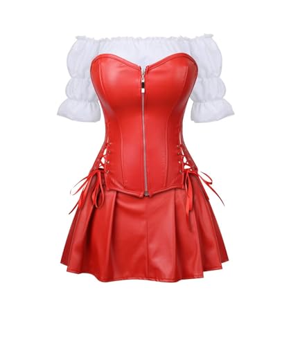 Korsett Kunstleder Corsage Kleid Rock Hemd Setleder Reißverschluss Damen Burlesque Steampunk Rot 7XL von Josamogre