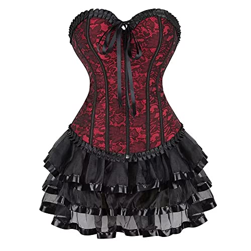 Josamogre Korsett Sexy Kleider Rock Damen Corsage Vollbrust Bustier Corset Dress Korsagenkleid Reißverschluss Gothic Burlesque Vintage Rot L von Josamogre