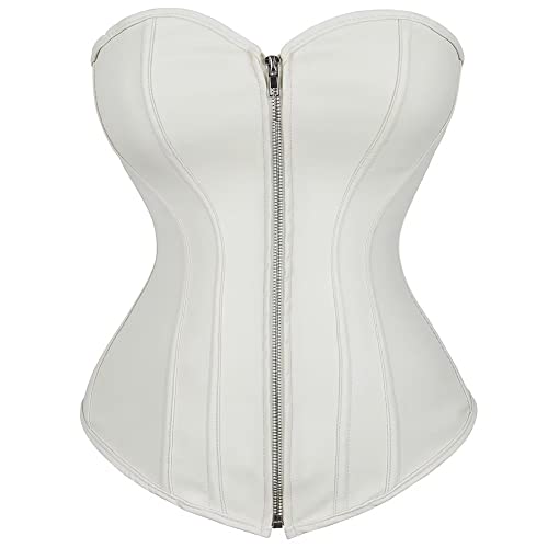 Josamogre Korsett Top Corsage Damen Leder Leather Corset Bustier Reißverschluss Sexy Burlesque Halloween Weiß XL von Josamogre