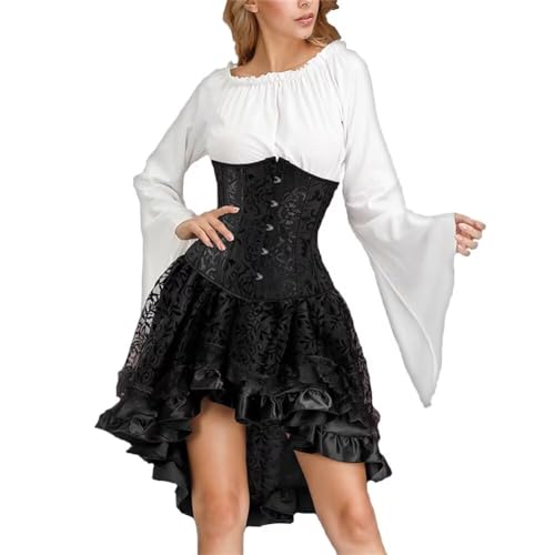 Josamogre Korsett Underbust 3Pcs Set Kostüm mit Corsagenkleid Corset Dress Corsage Spitzenrock und Bluse Karneval Fasching Halloween Schwarz 2XL von Josamogre