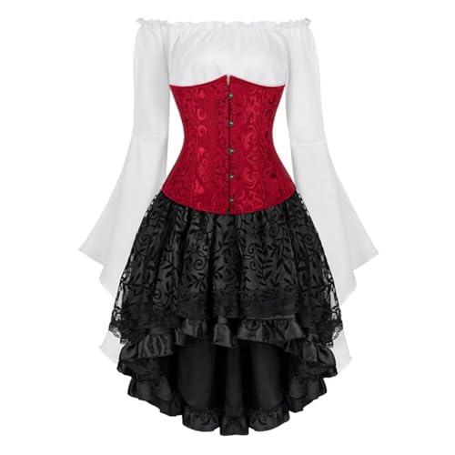 Josamogre Korsett Underbust Kleid Set 3 Pcs Corset Dress Damen Corsagenkleid Corsage Kostüm mit Spitzenrock und Bluse für Karneval Fasching Halloween Claret L von Josamogre