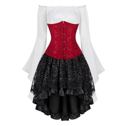 Josamogre Korsett Underbust Kleid Set 3 Pcs Corset Dress Damen Corsagenkleid Corsage Kostüm mit Spitzenrock und Bluse für Karneval Fasching Halloween Claret M von Josamogre