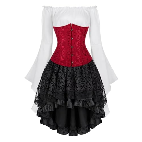 Josamogre Korsett Underbust Kleid Set 3 Pcs Corset Dress Damen Corsagenkleid Corsage Kostüm mit Spitzenrock und Bluse für Karneval Fasching Halloween Claret M von Josamogre