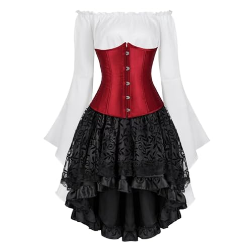 Josamogre Korsett Underbust Kleid Set 3 Pcs Corset Dress Damen Corsagenkleid Corsage Kostüm mit Spitzenrock und Bluse für Karneval Fasching Halloween Claret XL von Josamogre