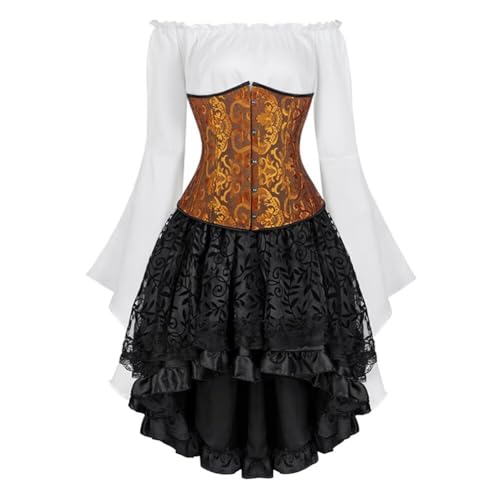 Josamogre Korsett Underbust Kleid Set 3 Pcs Corset Dress Damen Corsagenkleid Corsage Kostüm mit Spitzenrock und Bluse für Karneval Fasching Halloween Gelb M von Josamogre