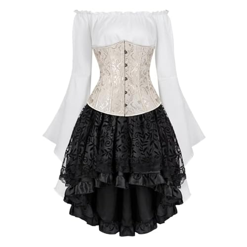 Josamogre Korsett Underbust Kleid Set 3 Pcs Corset Dress Damen Corsagenkleid Corsage Kostüm mit Spitzenrock und Bluse für Karneval Fasching Pirate Aprikose 2XL von Josamogre