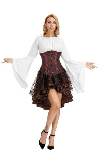 Josamogre Korsett Underbust Kleid Set 3 Pcs Corset Dress Damen Corsagenkleid Corsage Kostüm mit Spitzenrock und Bluse für Karneval Fasching Pirate Braun XL von Josamogre