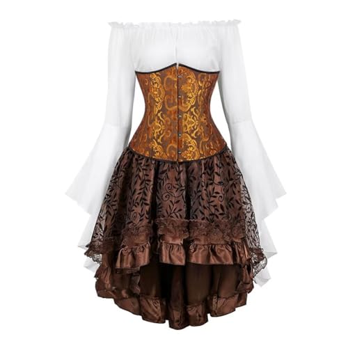 Josamogre Korsett Underbust Kleid Set 3 Pcs Corset Dress Damen Corsagenkleid Corsage Kostüm mit Spitzenrock und Bluse für Karneval Fasching Pirate Gelb 3XL von Josamogre