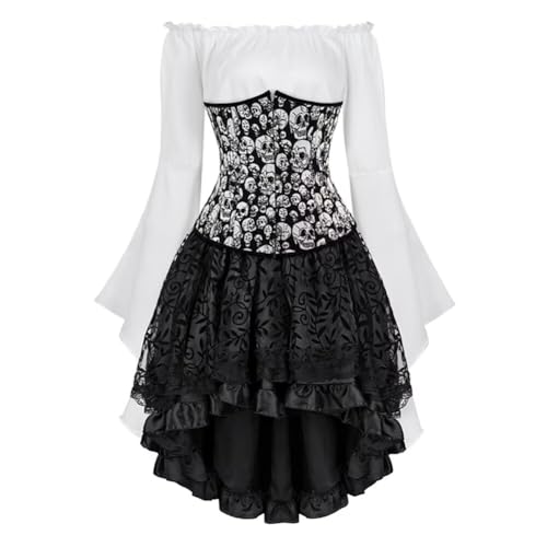 Josamogre Korsett Underbust Kleid Set 3 Pcs Corset Dress Damen Corsagenkleid Corsage Schädel Kostüm mit Spitzenrock und Bluse für Karneval Fasching Pirate Schwarz L von Josamogre