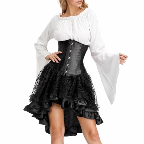 Josamogre Korsett Underbust Kleid Set 3 Pcs Corset Dress Damen Korsagenkleid Corsage Kostüm mit Spitzenrock und Bluse für Karneval Pirate Piratenkleid Schwarz 5XL von Josamogre