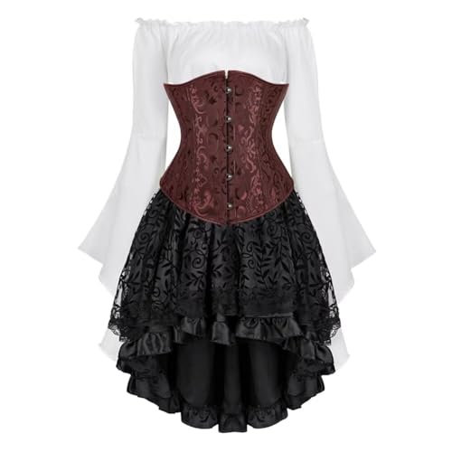 Josamogre Korsett Underbust Kleid Set 3 Pcs Corset Dress Damen Korsettkleid Corsage Kostüm mit Spitzenrock und Bluse für Karneval Fasching Halloween Braun M von Josamogre
