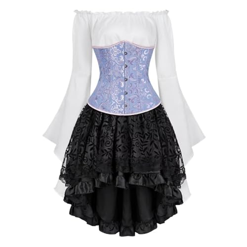 Josamogre Korsett Underbust Kleid Set 3 Pcs Corset Dress Damen Korsettkleid Corsage Kostüm mit Spitzenrock und Bluse für Karneval Fasching Pirate Blau S von Josamogre