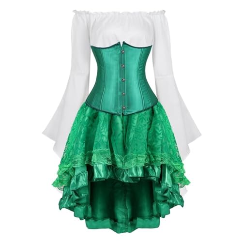 Josamogre Korsett Underbust Kleid Set 3 Pcs Corset Dress Damen Korsettkleid Corsage Kostüm mit Spitzenrock und Bluse für Karneval Fasching Pirate Grün 2XL von Josamogre