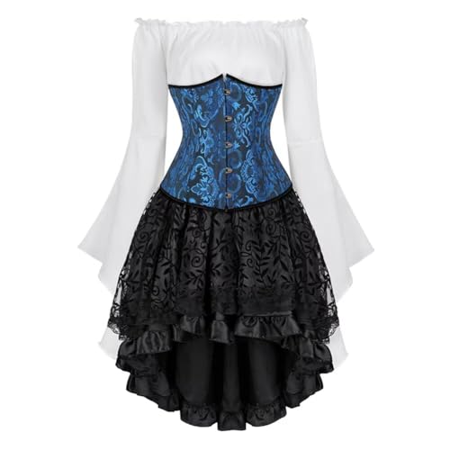 Josamogre Korsett Underbust Set Damen Kleid 3 Pcs Corset Dress Corsagenkleid Corsage Kostüm mit Spitzenrock und Bluse für Karneval Fasching Halloween Blau 4XL von Josamogre