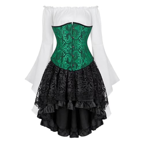 Josamogre Korsett Underbust Set Damen Kleid 3 Pcs Corset Dress Corsagenkleid Corsage Kostüm mit Spitzenrock und Bluse für Karneval Fasching Halloween Grün S von Josamogre