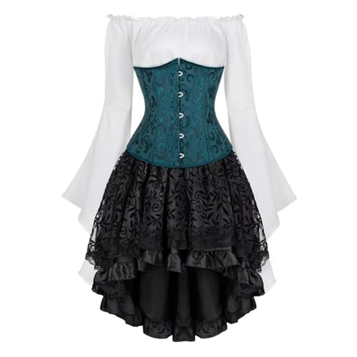 Josamogre Korsett Underbust Set Damen Kleid 3 Pcs Corset Dress Corsagenkleid Corsage Kostüm mit Spitzenrock und Bluse für Karneval Fasching Halloween Grün XL von Josamogre