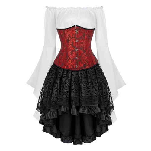 Josamogre Korsett Underbust Set Damen Kleid 3 Pcs Corset Dress Corsagenkleid Corsage Kostüm mit Spitzenrock und Bluse für Karneval Fasching Halloween Rot M von Josamogre