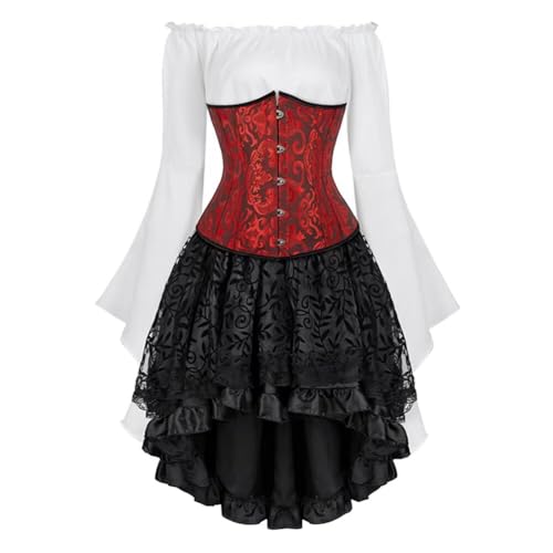 Josamogre Korsett Underbust Set Damen Kleid 3 Pcs Corset Dress Corsagenkleid Corsage Kostüm mit Spitzenrock und Bluse für Karneval Fasching Halloween Rot S von Josamogre