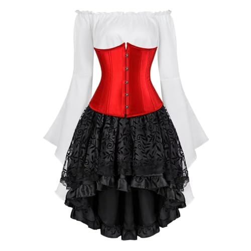 Josamogre Korsett Underbust Set Damen Kleid 3 Pcs Corset Dress Corsagenkleid Corsage Kostüm mit Spitzenrock und Bluse für Karneval Fasching Halloween Rot XL von Josamogre