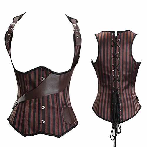 Josamogre Unterbrust Korsett Steampunk Damen Corsage Leder Kunstleder Stahlknochen Mit Strapshalter Piraten Braun 3XL von Josamogre