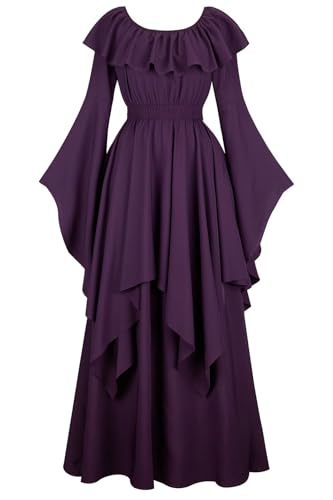 Josamogre Mittelalter Kleid Damen Dress Renaissance Mit Trompetenärmel Party Kostüm Bodenlang Vintage Retro Costume Cosplay Violett M von Josamogre
