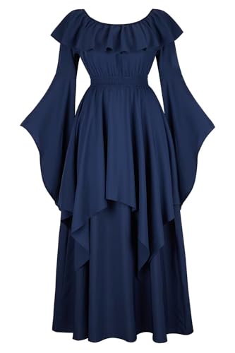 Josamogre Mittelalter Kleid Damen Dress Renaissance Mit Trompetenärmel Party Kostüm Bodenlang Vintage Retro Mittelalterliche Kleider Blau 3XL von Josamogre
