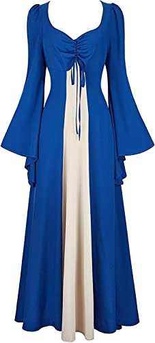 Josamogre Mittelalter Kleid Damen Dress mit Trompetenärmel Party Kostüm bodenlang Vintage Retro Renaissance Costume Halloween Cosplay Blau L von Josamogre