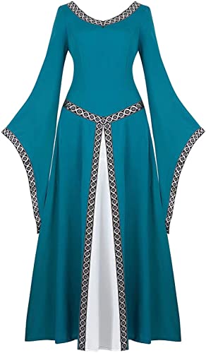 Josamogre Mittelalter Kleid Damen Renaissance mit Trompetenärmel Party Kostüm bodenlang Vintage Retro Costume Cosplay Halloween Blau 2XL von Josamogre