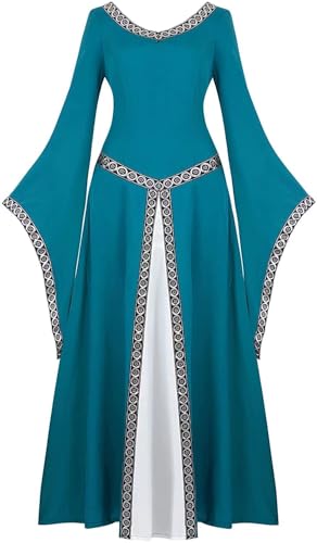 Josamogre Mittelalter Kleid Damen Renaissance mit Trompetenärmel Party Kostüm bodenlang Vintage Retro Costume Cosplay Halloween Blau 2XL von Josamogre