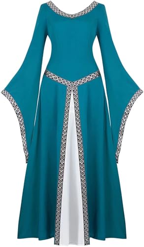 Josamogre Mittelalter Kleid Damen Renaissance mit Trompetenärmel Party Kostüm bodenlang Vintage Retro Costume Cosplay Halloween Blau L von Josamogre