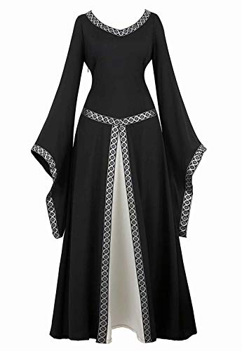 Josamogre Mittelalter Kleid Kleidung Renaissance mit Trompetenärmel Party Kostüm bodenlang Vintage Retro Costume Cosplay Damen Schwarz 3XL von Josamogre